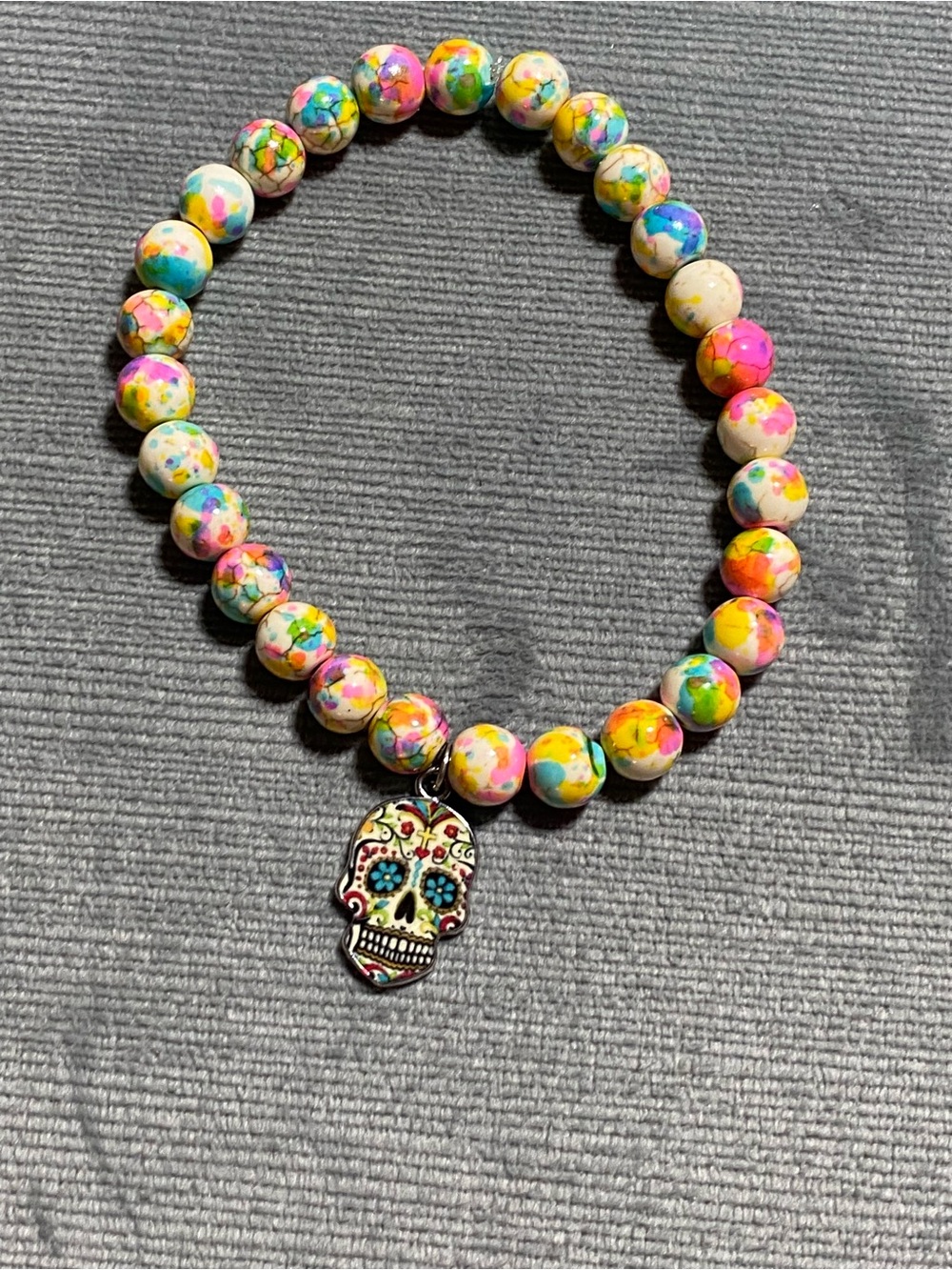 Hand Crafted Multicolor Beaded Bracelet with Sugar Skull Charm (made by artisan)
